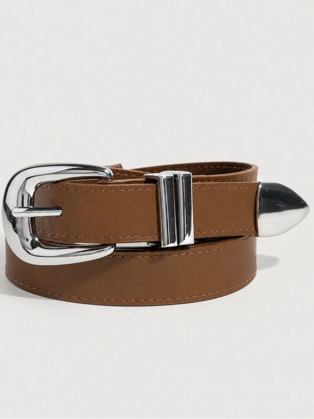 Brown Sleek Silver Buckle Leather Belt